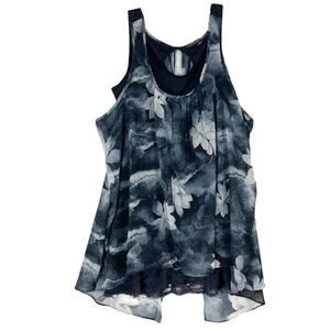 NWOT MARC BOUWER Top M Grey Ivory Floral Sheer-Overlay Lace-Trim Slit-Back